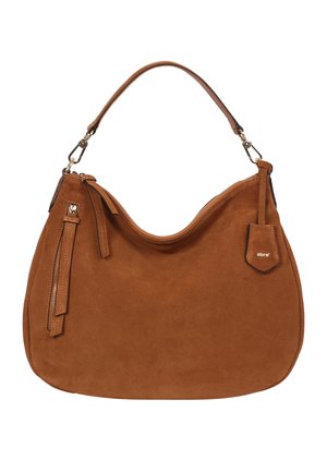 Braune Wildleder-Handtasche mit geschwungener Form, Oberhandgriff, Reißverschlussverschluss und einem dekorativen Quaste. Verfügt über ein kleines Logo-Patch und eleganten Beschlägen.