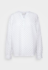 Camicia bianca a maniche lunghe con piccoli motivi blu navy. Presenta un collo henley e una pattina con bottoni. Tessuto leggero e liscio.