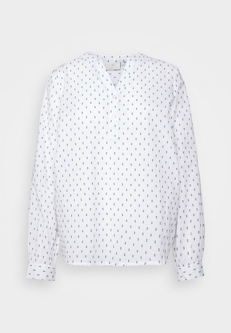 Camicia bianca a maniche lunghe con piccoli motivi blu navy. Presenta un collo henley e una pattina con bottoni. Tessuto leggero e liscio.