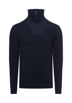 Navy blue knitted sweater with a high ribbed collar and a half-zip detail. Features a textured stitch pattern and ribbed cuffs.