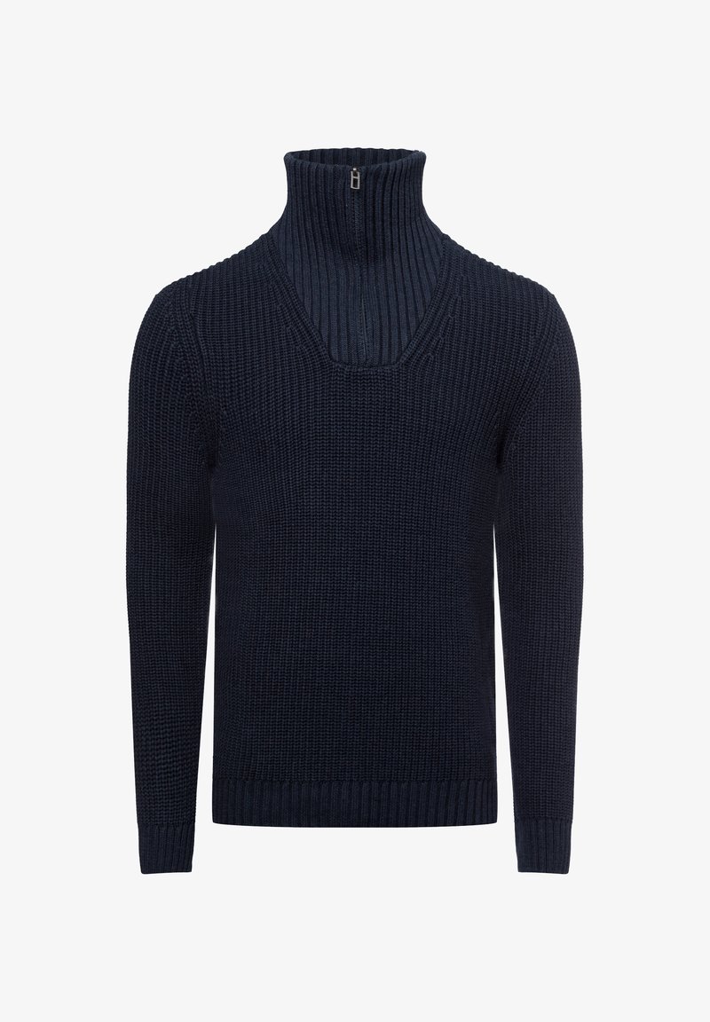 Navy blue knitted sweater with a high ribbed collar and a half-zip detail. Features a textured stitch pattern and ribbed cuffs.