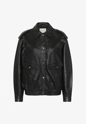 Black leather jacket with snap button front, flap pockets, epaulets on shoulders, and elasticated waistband, labeled "Kaffe" inside the collar.