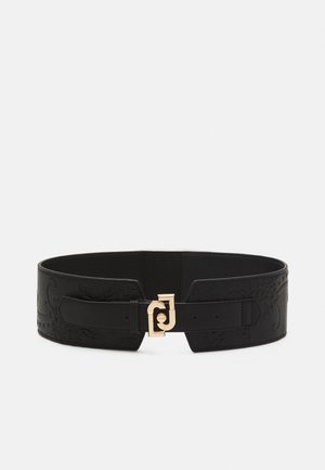Bred sort læderbælte med præget blomsterprint og en guld forbundet lås foran.
