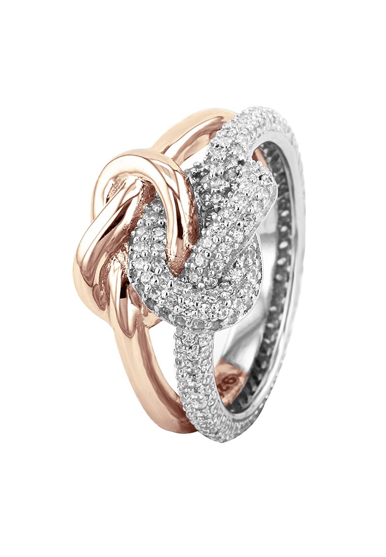 Verflochtener Ring aus roségold und Silber mit Knotendesign, verziert mit kleinen klaren Edelsteinen, die auf einem Band eingearbeitet sind.
