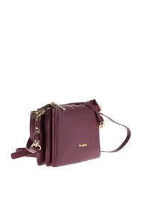 Piccola borsa a tracolla in pelle bordeaux con cerniere e accessori dorati, tre scompartimenti e tracolla regolabile.