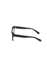 Ochelari de plastic negri cu o ramă rectangulară și brațe subțiri. Brațul din stânga prezintă un logo și detalii despre materiale ecologice.