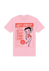 T-shirt in cotone rosa con stampa grafica di Betty Boop in rosso e nero, con testo che promuove il Betty Boop Fan Club.