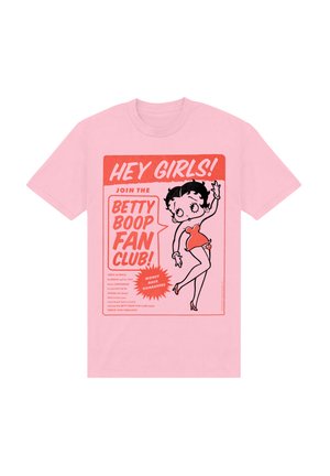 Lyserød bomulds t-shirt med grafisk tryk af Betty Boop i rød og sort, med tekst der promoverer Betty Boop Fan Club.