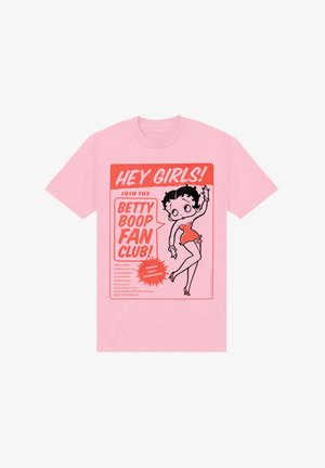Lyserød bomulds t-shirt med grafisk tryk af Betty Boop i rød og sort, med tekst der promoverer Betty Boop Fan Club.