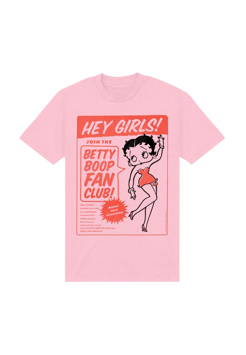 T-shirt in cotone rosa con stampa grafica di Betty Boop in rosso e nero, con testo che promuove il Betty Boop Fan Club.