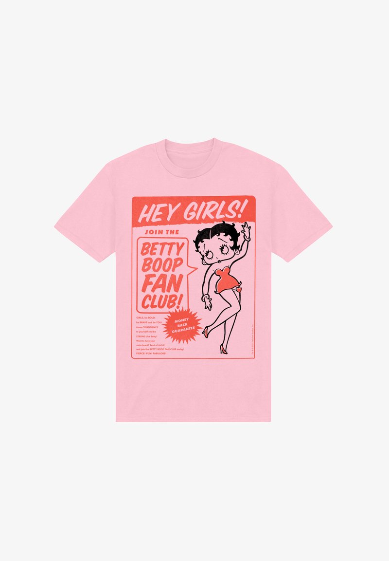 T-shirt in cotone rosa con stampa grafica di Betty Boop in rosso e nero, con testo che promuove il Betty Boop Fan Club.