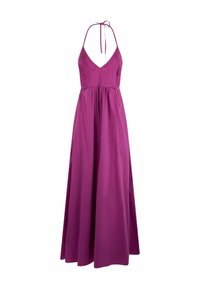 Long, halter neck dress in solid purple fabric. Features a deep V neckline, gathered waist, and flowy skirt. Simple and elegant design.