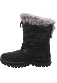 Bota de invierno negra con puño de piel sintética, parte superior de textil elegante, cordones ajustables y suela de goma resistente para mayor tracción.