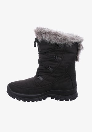 Schwarze Winterstiefel mit einem Kunstfellbund, einem eleganten Textiloberteil, verstellbaren Schnürdetails und einer robusten Gummisohle für guten Halt.
