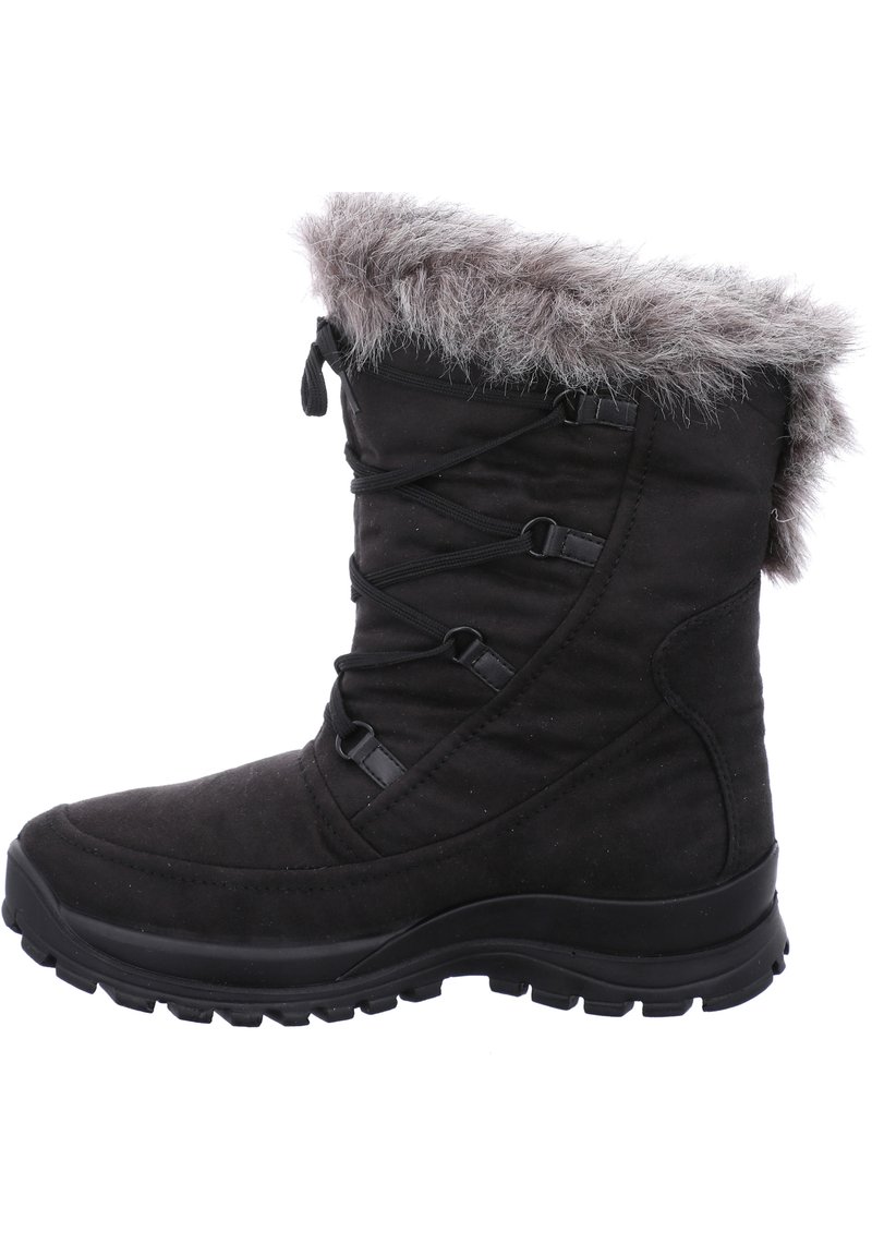 Bota de invierno negra con puño de piel sintética, parte superior de textil elegante, cordones ajustables y suela de goma resistente para mayor tracción.