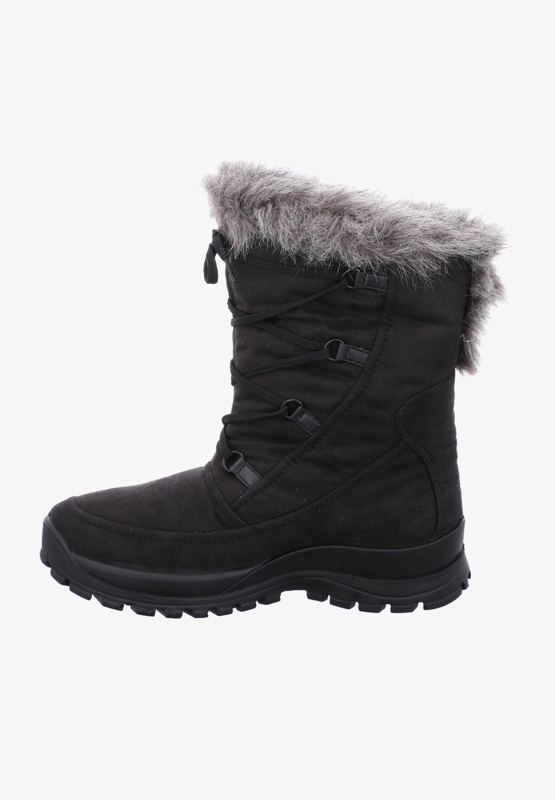 Black winter boot with faux fur cuff, a sleek textile upper, adjustable lace detailing, and a rugged rubber sole for traction.