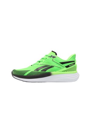 Zapatilla de correr verde brillante con detalles negros, suela blanca y gruesa y el logo de Reebok en el lateral y el talón, vista desde el lado exterior.