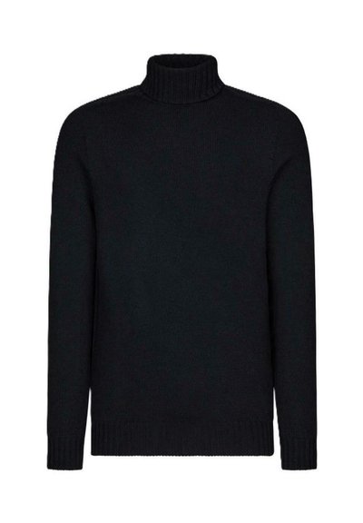 Maglione nero a collo alto lavorato a maglia con maniche lunghe e polsini e orlo a coste, mostrato su uno sfondo bianco semplice.