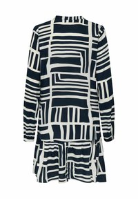 Granatowa i biała sukienka w wzory z długimi rękawami, z geometrycznymi wzorami oraz detalami w formie marszczenia na dolnej krawędzi. Wykonana z lekkiego materiału.