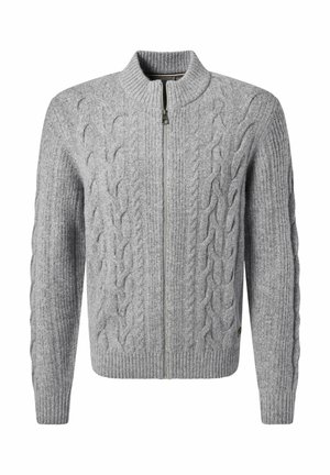 Gray knit cardigan with a zip closure, featuring cables and ribbed textures on sleeves and hem, made of soft material.