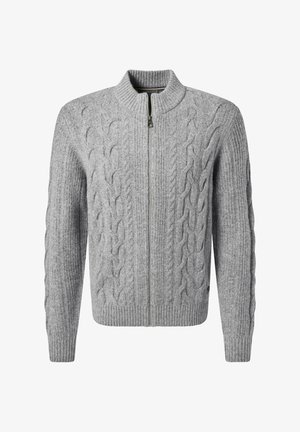 Grauer Strickcardigan mit einem Reißverschluss, der über Kabel- und Rippstrukturen an Ärmeln und Saum verfügt, hergestellt aus weichem Material.