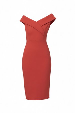Abito aderente rosso fino al ginocchio con scollatura ampia a V a spalle scoperte e cuciture strutturate per una silhouette elegante.