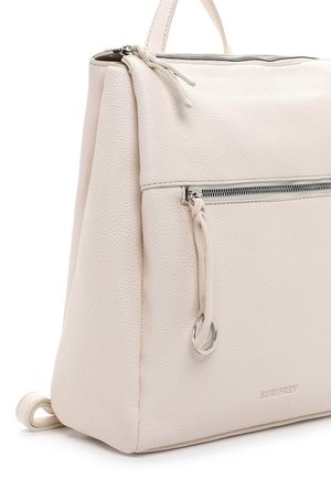Light beige handbag made of textured leather, featuring a silver zipper and a side pocket with a braided pull detail.