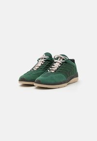 Green suede sneakers with mesh details, black accents, and beige rubber sole. Features laces and a logo on the tongue.