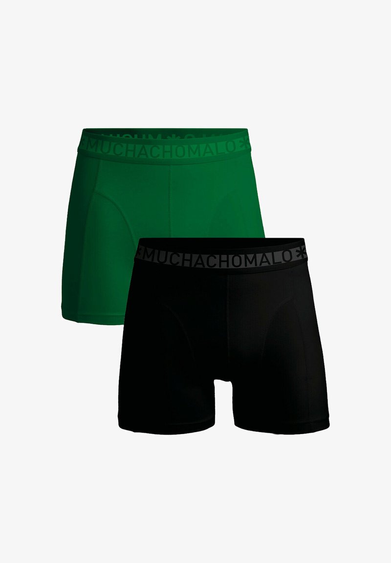 Két pár boxer alsónadrág: az egyik zöld, fekete gumírozott derékkal, a másik pedig fekete hasonló derékkal. Simító szövet, testhez álló dizájn.