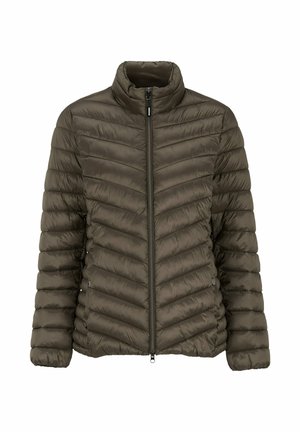 Olivengroene gevoerde jas met een hoge kraag, ritsluiting en horizontale chevrond stitching. Heeft een getailleerd silhouet en een zachte textuur.