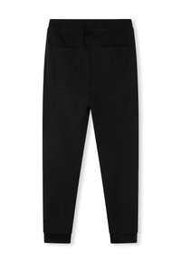 Zwarte joggingbroek met een verstelbare tailleband, taps toelopende benen en twee achterzakken; gemaakt van een gladde, zachte stof.