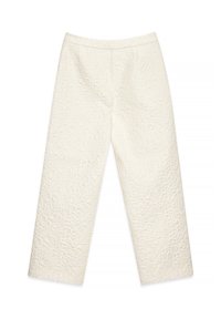 Witte textuur brede been broek met een bloemmotief, voorzien van een gladde afwerking en een aansluitende tailleband. Geschikt voor casual of formele gelegenheden.