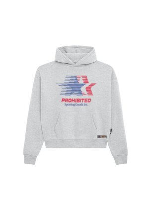 Sweat à capuche gris clair avec poche kangourou devant, logo étoile bleue et rouge, et texte "PROHIBITED Sporting Goods Inc." sur la poitrine.