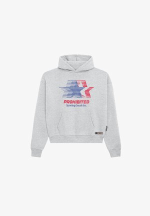Sweat à capuche gris clair avec poche kangourou devant, logo étoile bleue et rouge, et texte "PROHIBITED Sporting Goods Inc." sur la poitrine.