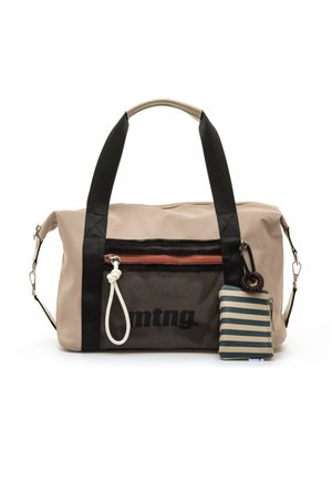 Borsa in tessuto morbido beige con manici neri, tasca frontale in rete con zip, dettaglio nodo bianco e pochette a righe blu e beige allegata.