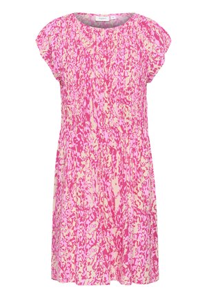 Rochie cu mânecă scurtă, în carouri abstracte roz și crem, având decolteu rotund și talie elastică pentru o potrivire confortabilă. Materialu ușor.