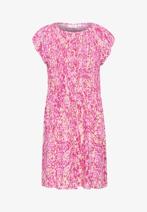 Rochie cu mânecă scurtă, în carouri abstracte roz și crem, având decolteu rotund și talie elastică pentru o potrivire confortabilă. Materialu ușor.