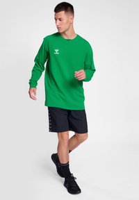 Camicia verde a maniche lunghe con scollatura rotonda e logo bianco, abbinata a pantaloni corti neri con motivo a chevron laterale e scarpe da ginnastica nere.