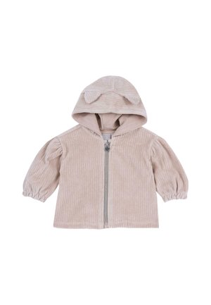 Veste bébé beige côtelée avec fermeture éclair devant, poignets élastiques, capuche avec deux petites oreilles en tissu.