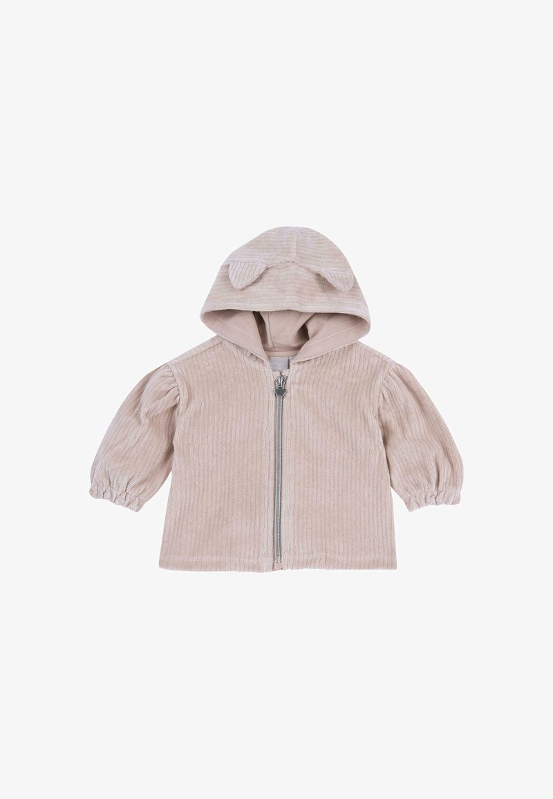 Veste bébé beige côtelée avec fermeture éclair devant, poignets élastiques, capuche avec deux petites oreilles en tissu.