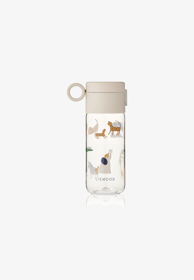 Botella de agua de plástico transparente con tapa beige, que presenta ilustraciones de animales y vegetación en colores variados.