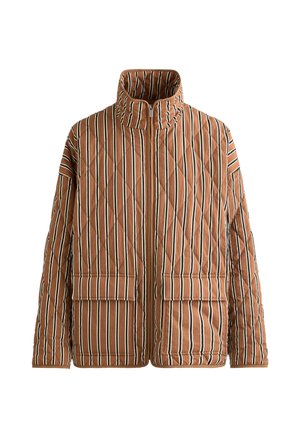 Jachetă căptușită maro cu dungi verticale alb-negru, fermoar frontal, guler înalt și două buzunare cu clapetă.