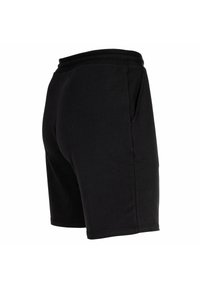 Schwarze Sportshorts aus einem Baumwoll-Mischgewebe, mit glatter Textur, elastischem Bund und Seitentaschen.