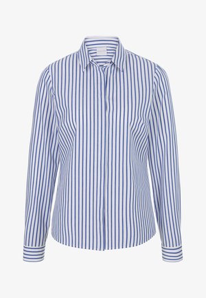 Gestreiftes Hemd mit blauen und weißen vertikalen Streifen, Kragen, langen Ärmeln und Knopfverschluss. Hergestellt aus leichtem Stoff.