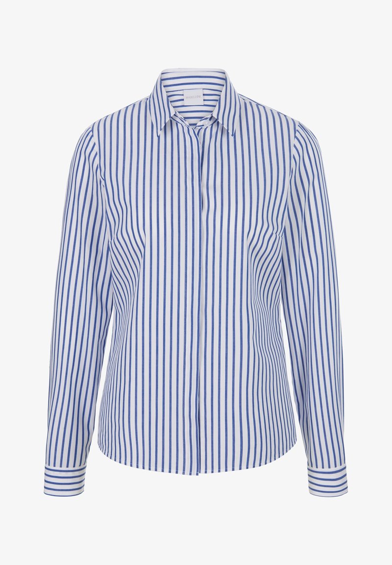 Chemise rayée avec des rayures verticales bleues et blanches, col à revers, manches longues et fermeture à boutons. Fabriquée en tissu léger.