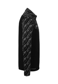 Langærmet skjorte i sort med en struktureret, mønstret ærme i mørkegrå. Har en høj krave og brandlogo nær skulderen.