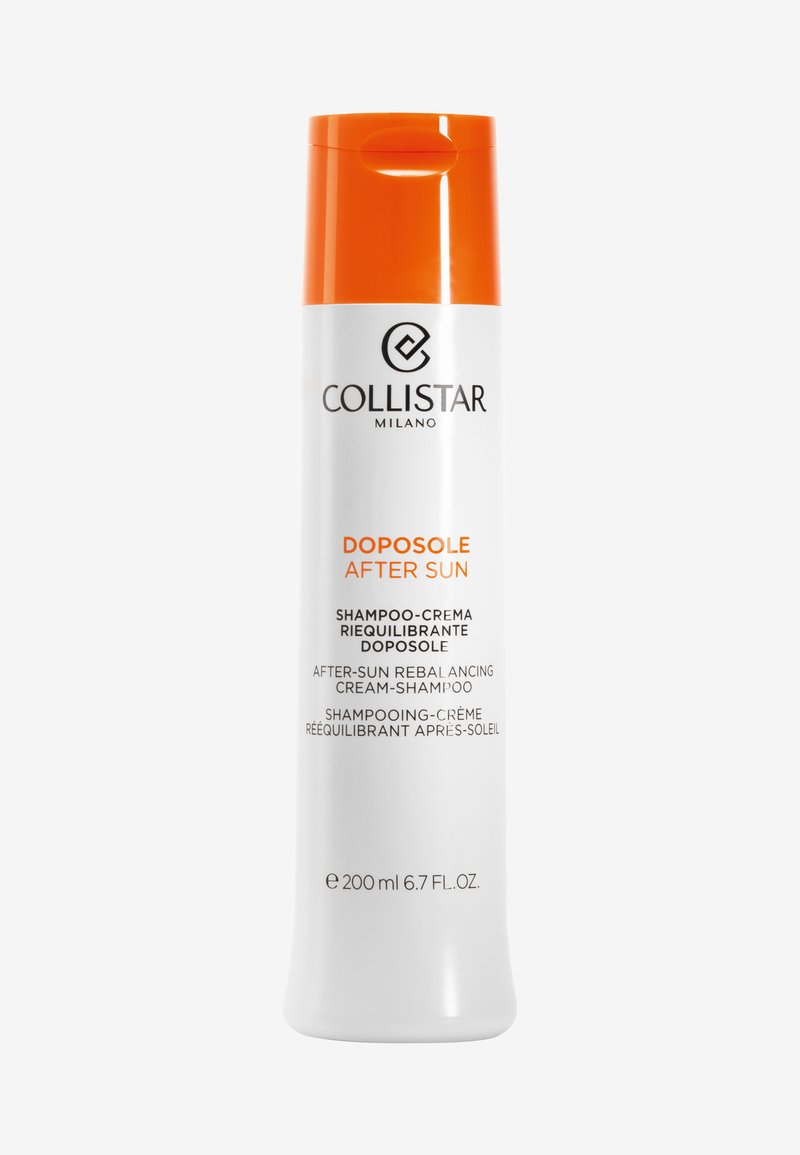 Collistar DPOSOLE After Sun crème shampoo in een cilindrisch witte fles met een oranje dop. Heeft een zwart logo en meertalige tekst.