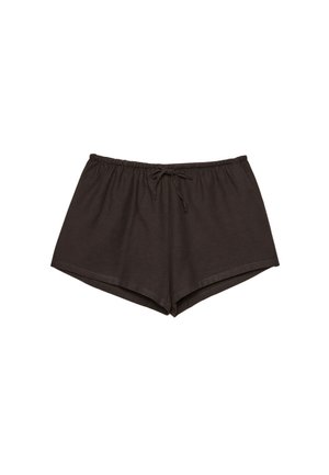 Mörkbruna bomullsshorts med elastisk midja och dragsko. Har en avslappnad passform och inga synliga mönster eller detaljer.