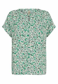 Kortærmet bluse i letvægtstof, med et blomstermønster i grønne og grå nuancer på en cremefarvet baggrund, og med knapdetalje foran.