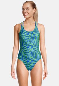 Maillot une pièce avec un motif à rayures zèbres bleu et vert, doté de fines bretelles contrastantes et d'un décolleté en profondeur.